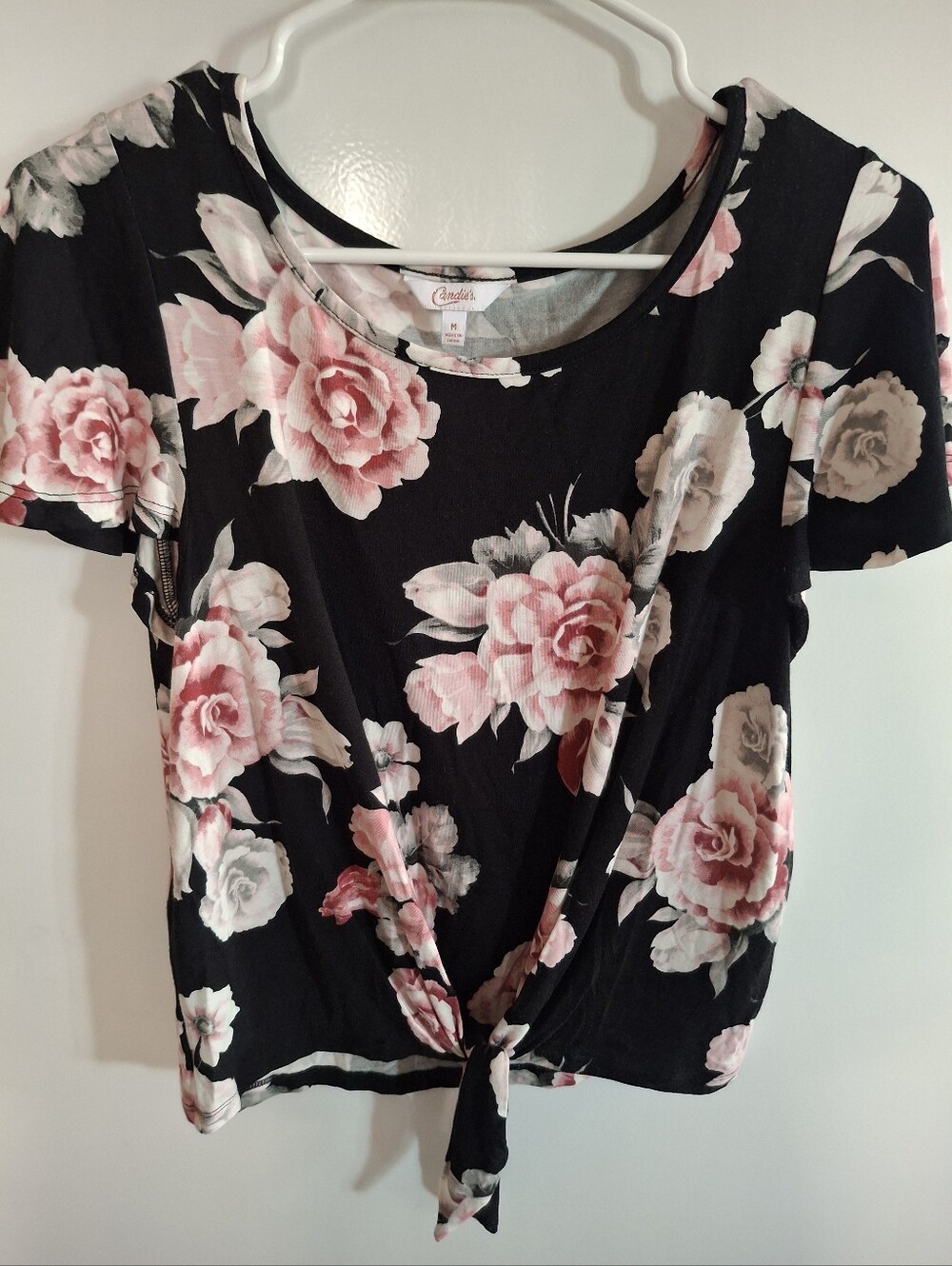 Candie's Black Floral Tie-Front Crop Top - Pink Rose Print